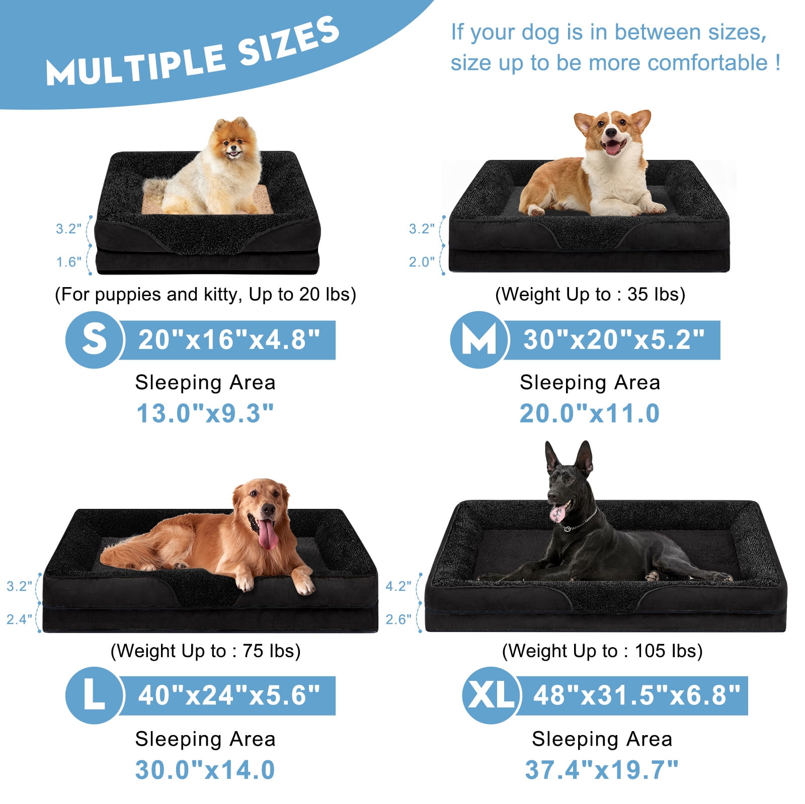 PayUSD Dog Beds for Large Medium Small Dogs Orthopedic Pet Bed Sofa Supportive Egg Crate Foam Animal Couch with Removable Washable Cover Non Skid Bottom S to XL