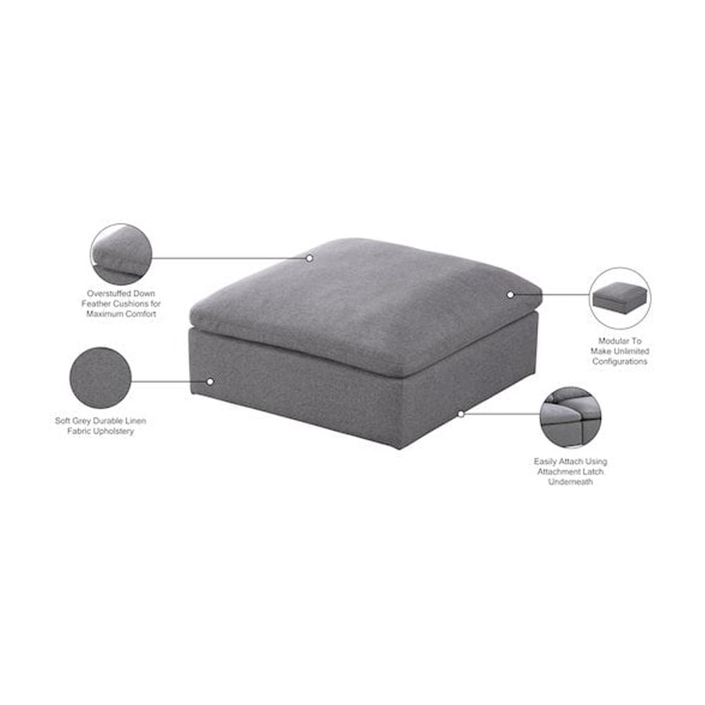 Meridian Furniture Serene Gray Durable Linen Fabric Deluxe Ottoman
