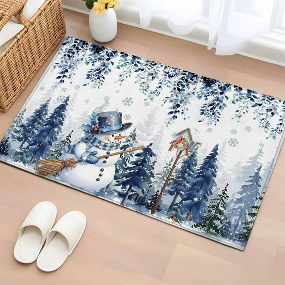 Blue Snowman Christmas Bathroom Rug Washable 2x3 Entryway Rug Non Slip Xmas Tree Forest Eucalyptus Leaves Front Door Mat Low Pile Indoor Doormat Throw Floor Carpet for Kitchen Bedroom Entrance