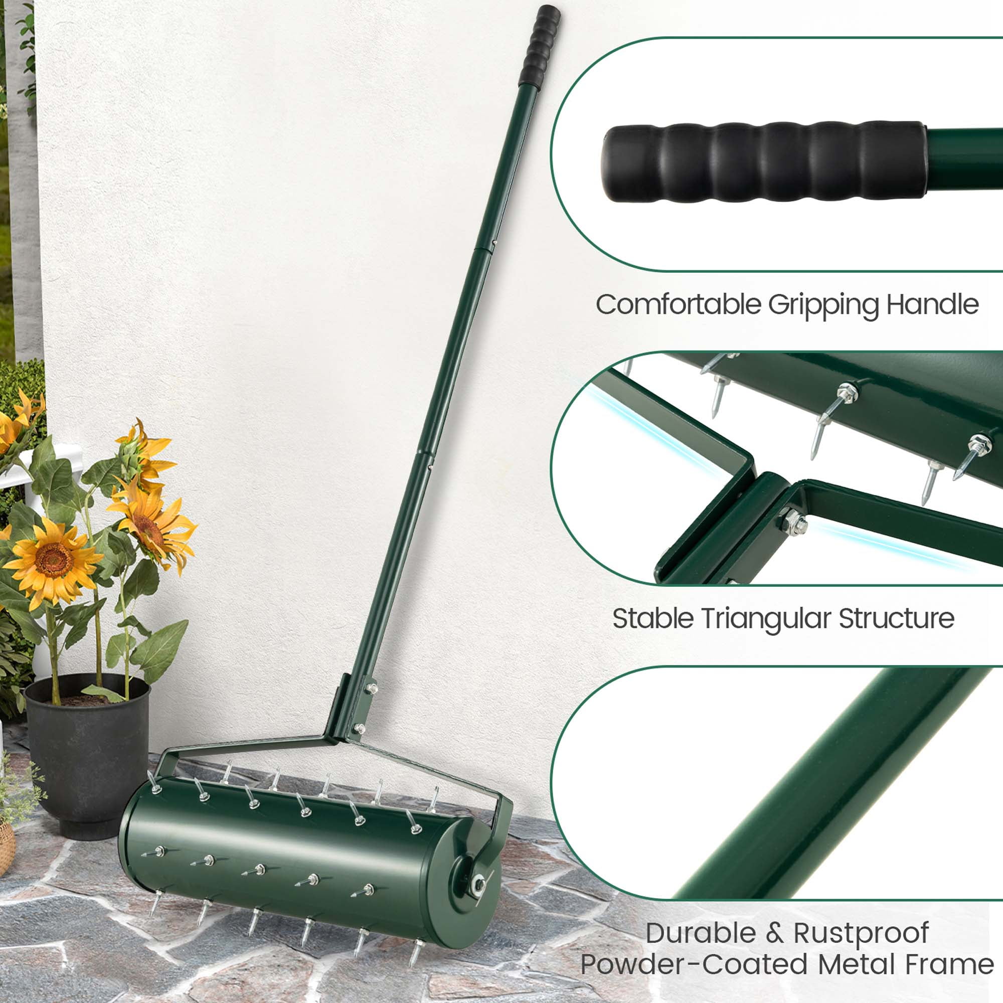 Costway 21" Manual Lawn Aerator Heavy Duty Rolling Push Grass Aeration Tool with Handle Filled with Sand or Stone Green