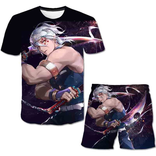 Regalos de cumpleaños para niños, trajes de Demon Slayer, camisetas de manga corta con estampado de dibujos animados de verano, pantalones cortos, 2 unids/set, trajes informales de 6M Gao Jinjia LED