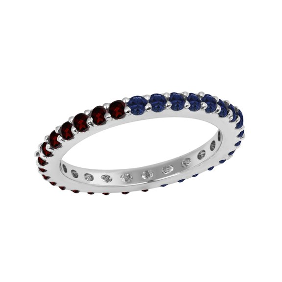 2mm Round Shape Blue Sapphire & Garnet 925 Sterling Silver Eternity Mother's Day Gift Ring