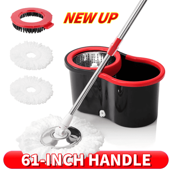 Spin Mop and Bucket Set with Wringer, 360 Degree Rotating Floor Mop, 61 Inch Adjustable Stainless Steel Handle, 3 Microfiber Replacement Mop Heads for Home and Bathroom Cleaning