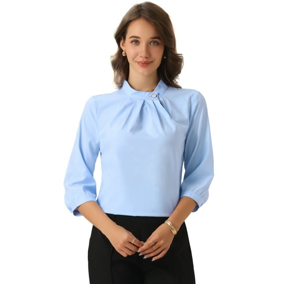 DARING DIVA Women's Stand Collar Ruched 3/4 Sleeve Blouses XS Blue