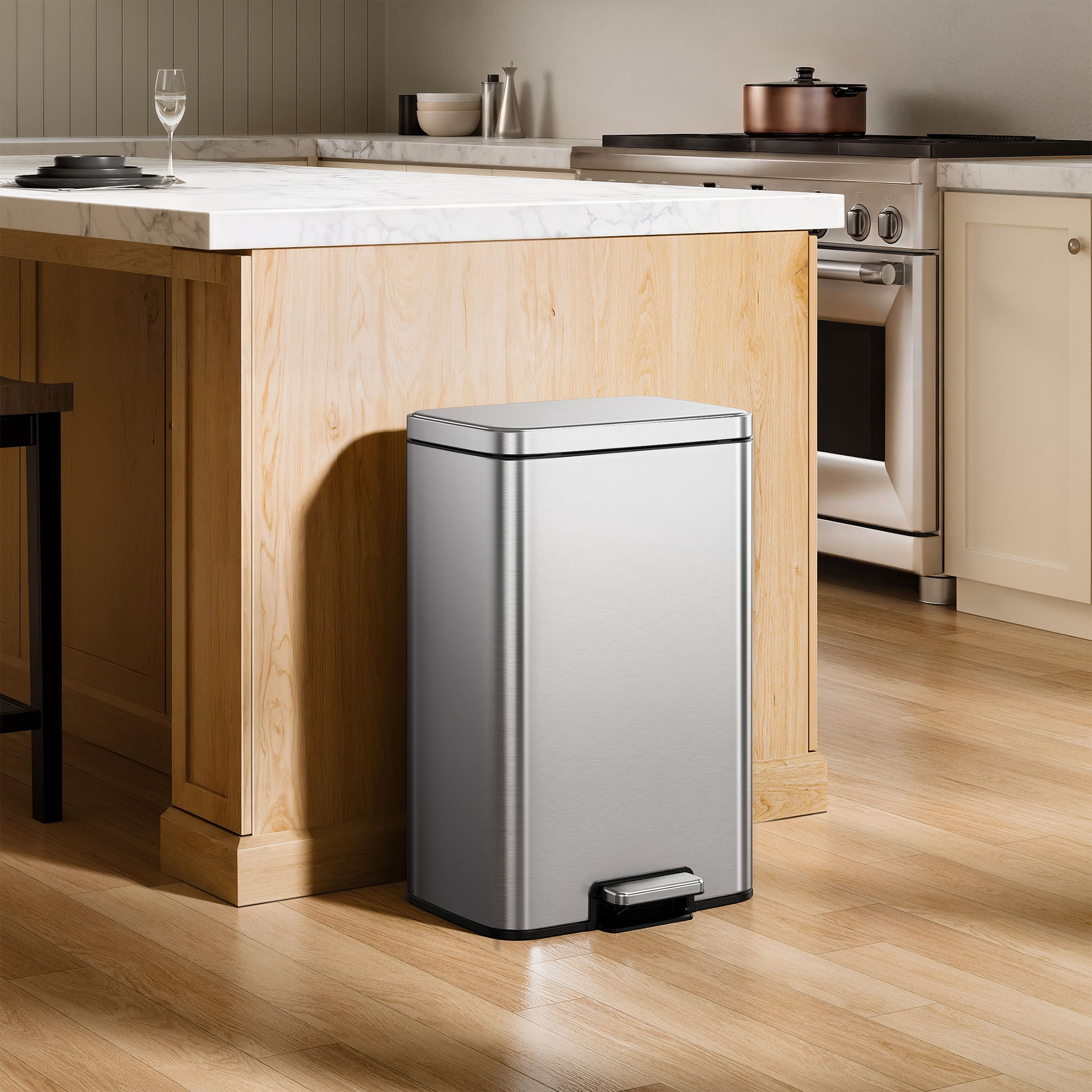 EKO Maxwell Kitchen Trash Can, 13.2 Gallon Brushed Stainless Steel Step Garbage Bin with Soft Close Lid, Silver with Sample Trash Bags Included