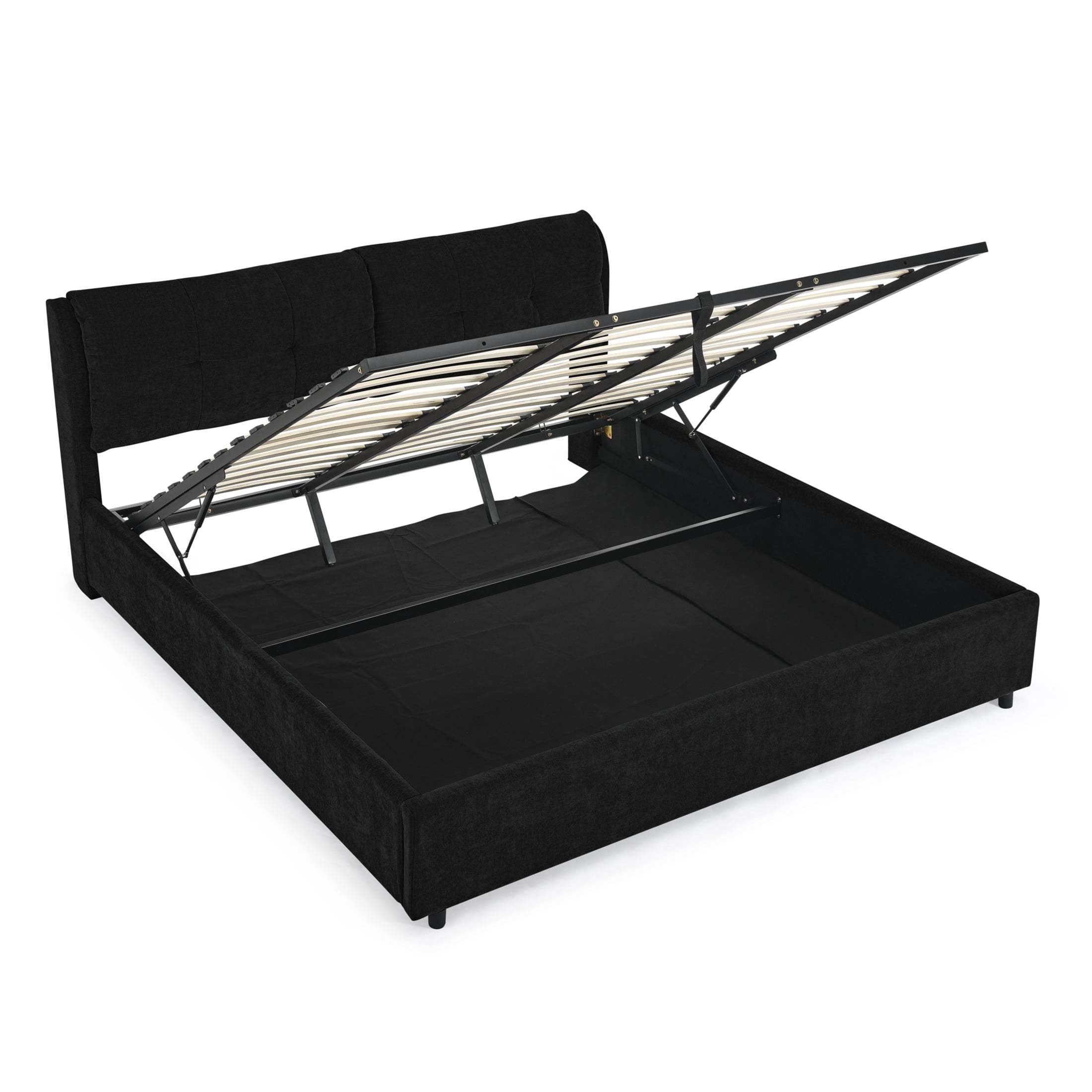Noble House Gerret King Size Chenille Storage Platform Bed, Hydraulic Bed Frame with Hidden Underbed Drawer, Black
