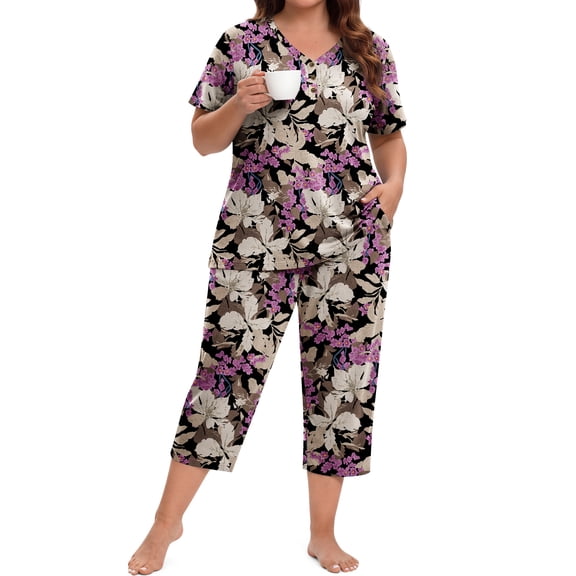 WellSize Plus Size Women Pajamas Set V Neck Short Sleeve Tops and Capris with Pockers Two Piece Lounge Sets Summer Oufits sleepwear