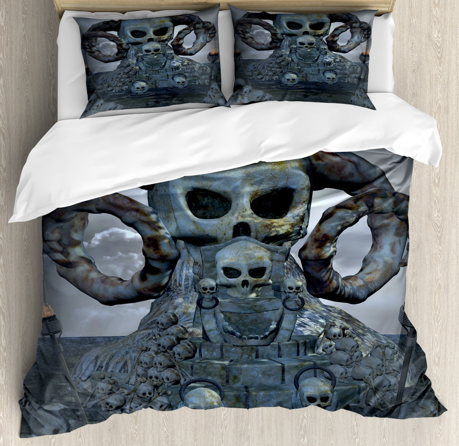 Skull Duvet Cover Set Spooky Scary Throne With Many Skulls Horns