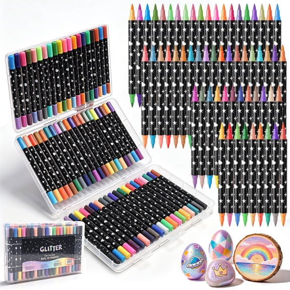 120 Colors Glitter Brush Markers, 60 Pack Dual Tip Brush Glitter Marker for Doodle Writing, Glitter Art Crafts Adults DIY Crafts Greeting Birthday Cards Making