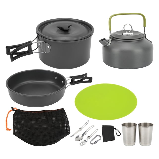 Kit de utensilios de cocina para acampar, portátil, para mochileros, olla, sartén, tetera, tenedor, cuchillo y cuchara plegables, color negro