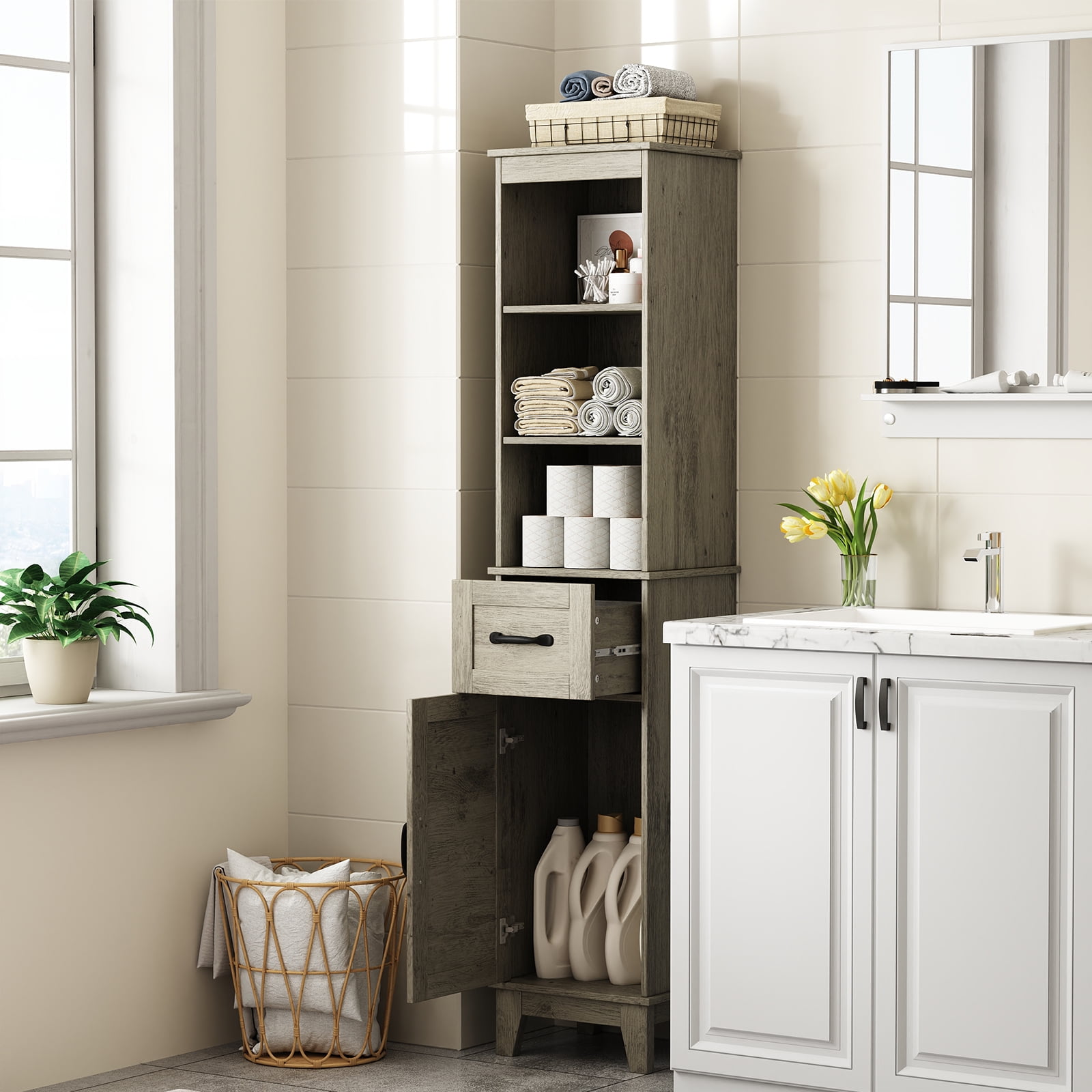 Tall Bathroom Storage Cabinet with Barn Door and Drawer, Narrow Freestanding Linen Cabinet for Bathroom, Gray