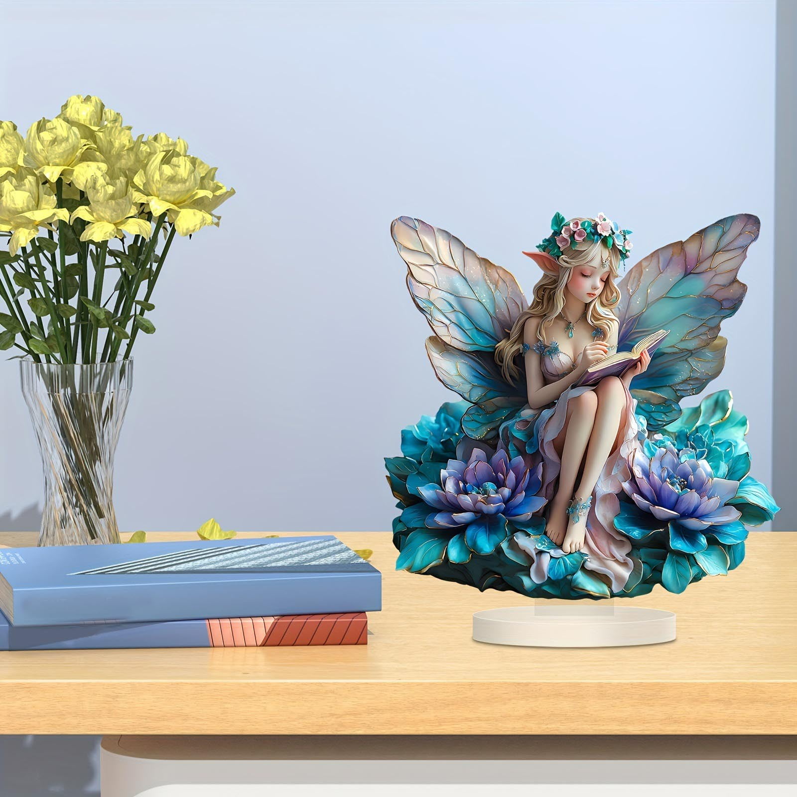 Fairy Garden Statue Decor,Butterfly Flower Elf Reading Book Statue Ornaments,Acrylic 2D Fairy Tabletop Decoration,Home Festival Party Decor