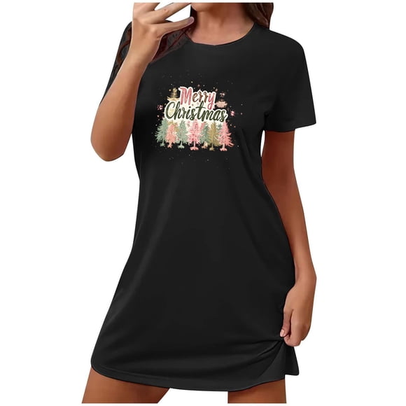 Camisón corto navideño para mujer, talla grande, con cuello redondo estampado y mangas cortas, para el pecho.