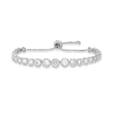 - Inspired by You Round Bezel Set Cubic Zirconia Adjustable Antique Style Bridal Tennis Bracelet for Women in Rhodium Plated 925 Sterling Silver