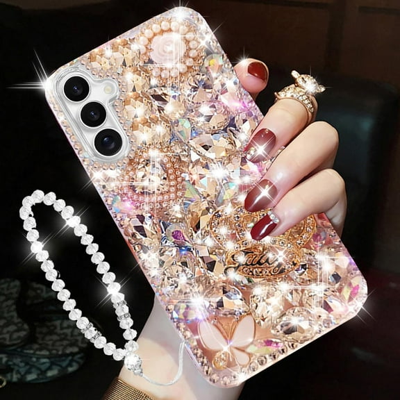 for Samsung Galaxy S25 Glitter Bling Case,Cute Luxury 3D Sparkle Crown Crystal Rhinestones Diamond Stunning Stones Pearl with Lanyard Wrist Strap Women Girls Phone Case for Galaxy S25,Silver