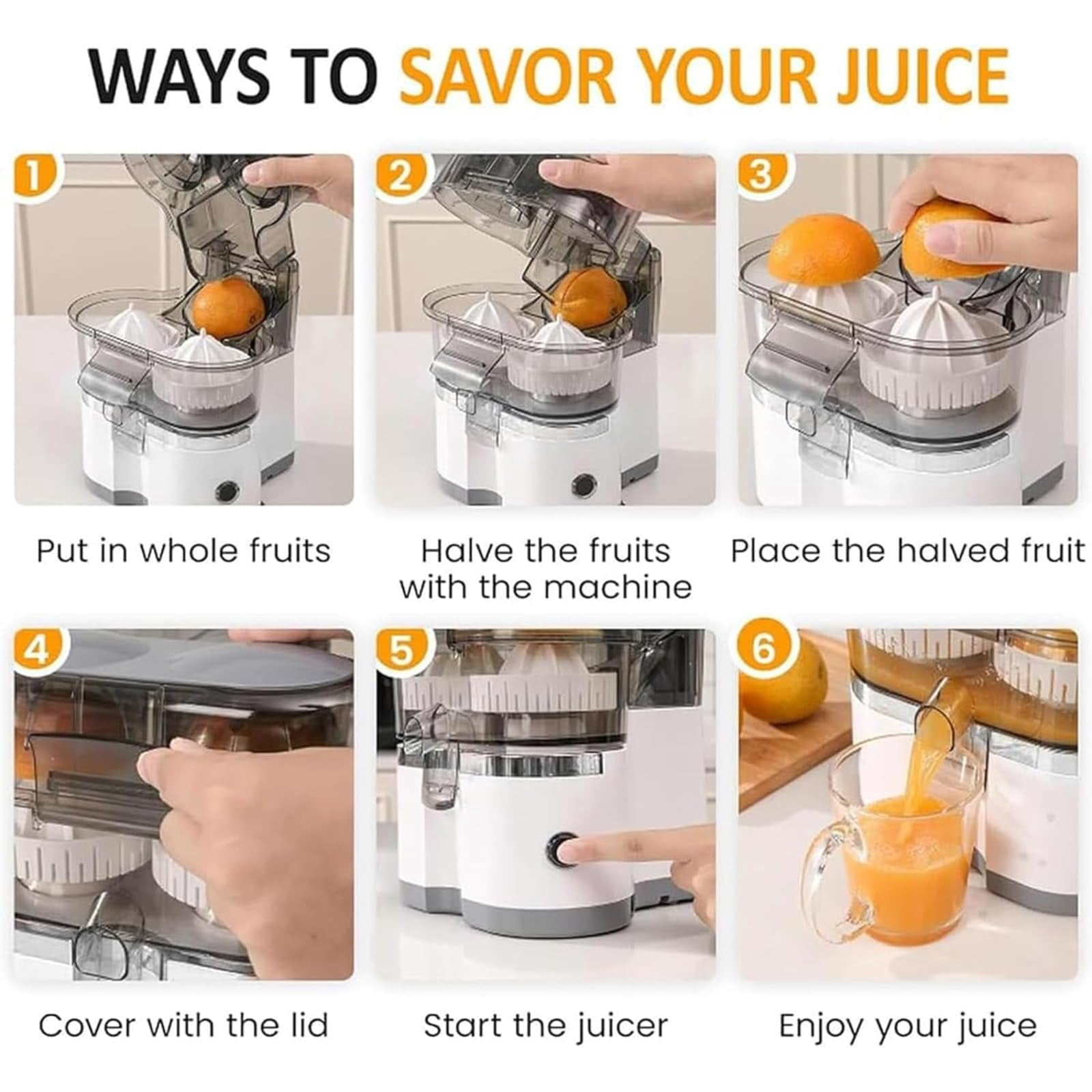 Dual-Head Automatic Citrus Juicer, Electric Orange Juicer Machine with Built-in Cutter and Cleaning Brush, One-Touch Juicing for Orange, Lemon, Lime, Detachable, Easy to Clean