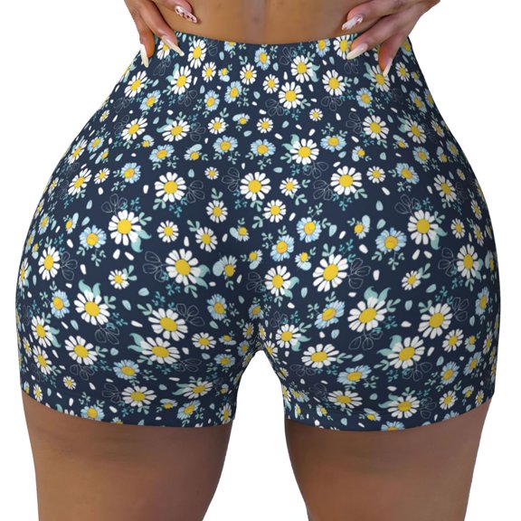 Xecao Daisy Floral B Print Workout Shorts for Women Soft Smooth Gym Yoga Scrunch Active Tennis Workout Running Shorts