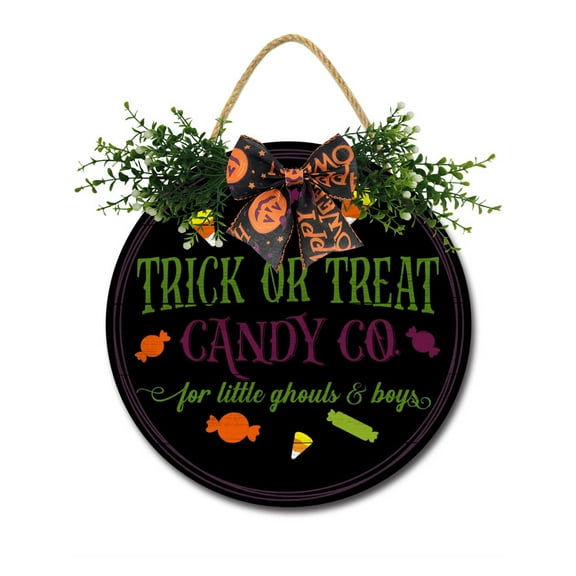 Eveokoki Halloween Decorations Door Sign, 11 Inch Rustic Trick Or Treat Candy Wooden Hanging Sign for Front Door, Wreath with Bow Party Indoor Outdoor Decor Home
