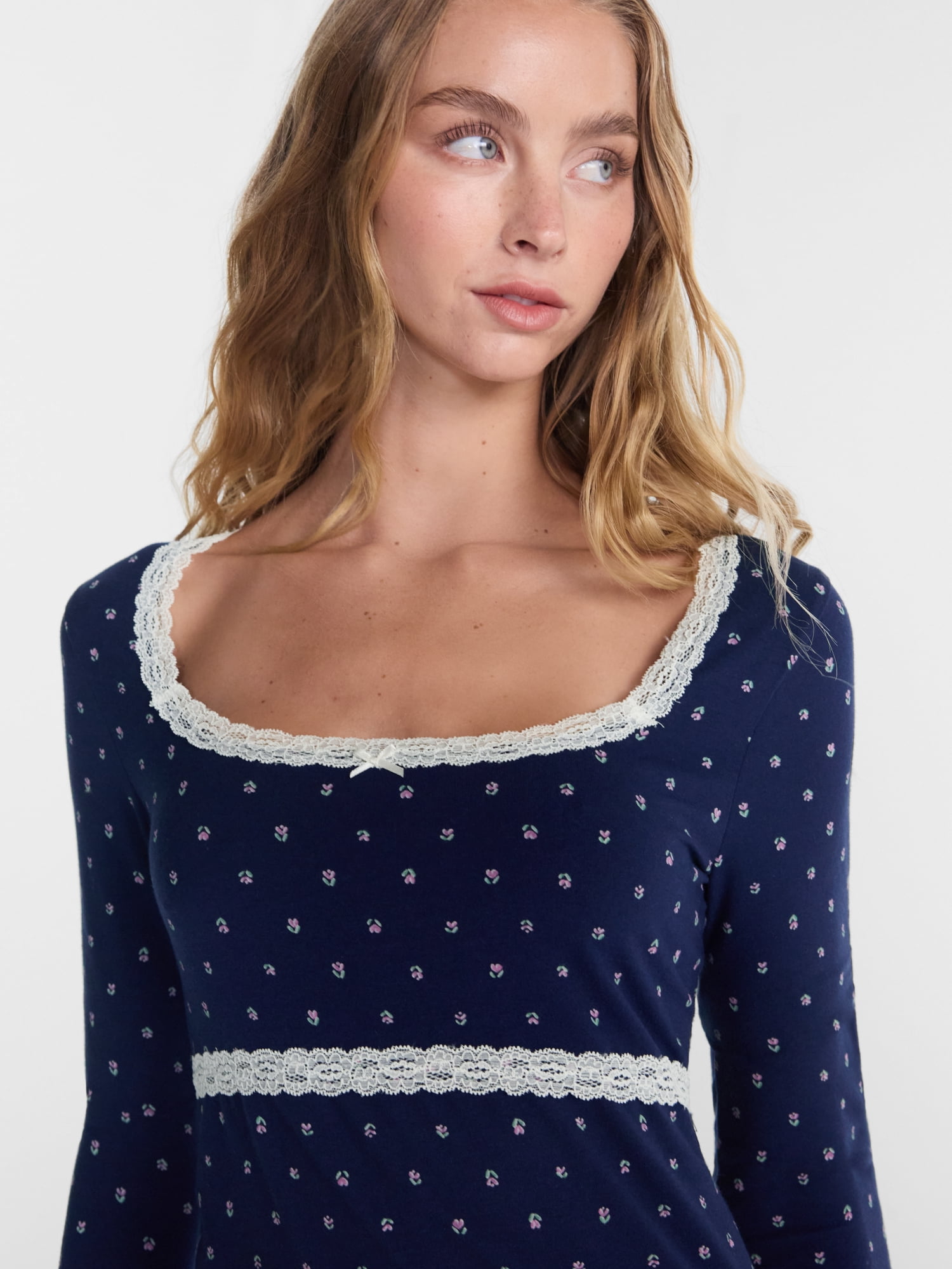 No Boundaries Sleep Lace Top with Long Sleeves, Women’s XXS-3X
