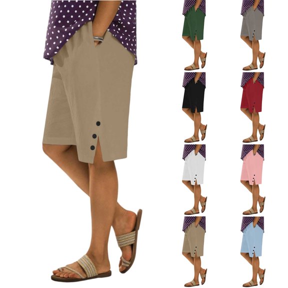 POIUYTR Plus Size Womens Cotton Linen Shorts Summer High Waist Button Split Hem Short Pants Vacation Sweat Shorts