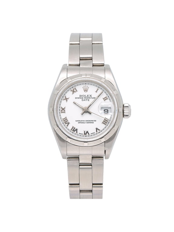 Pre-Owned Rolex Date 26MM 79160 White Roman Dial Engine Turned Bezel Stainless Steel Oyster Bracelet