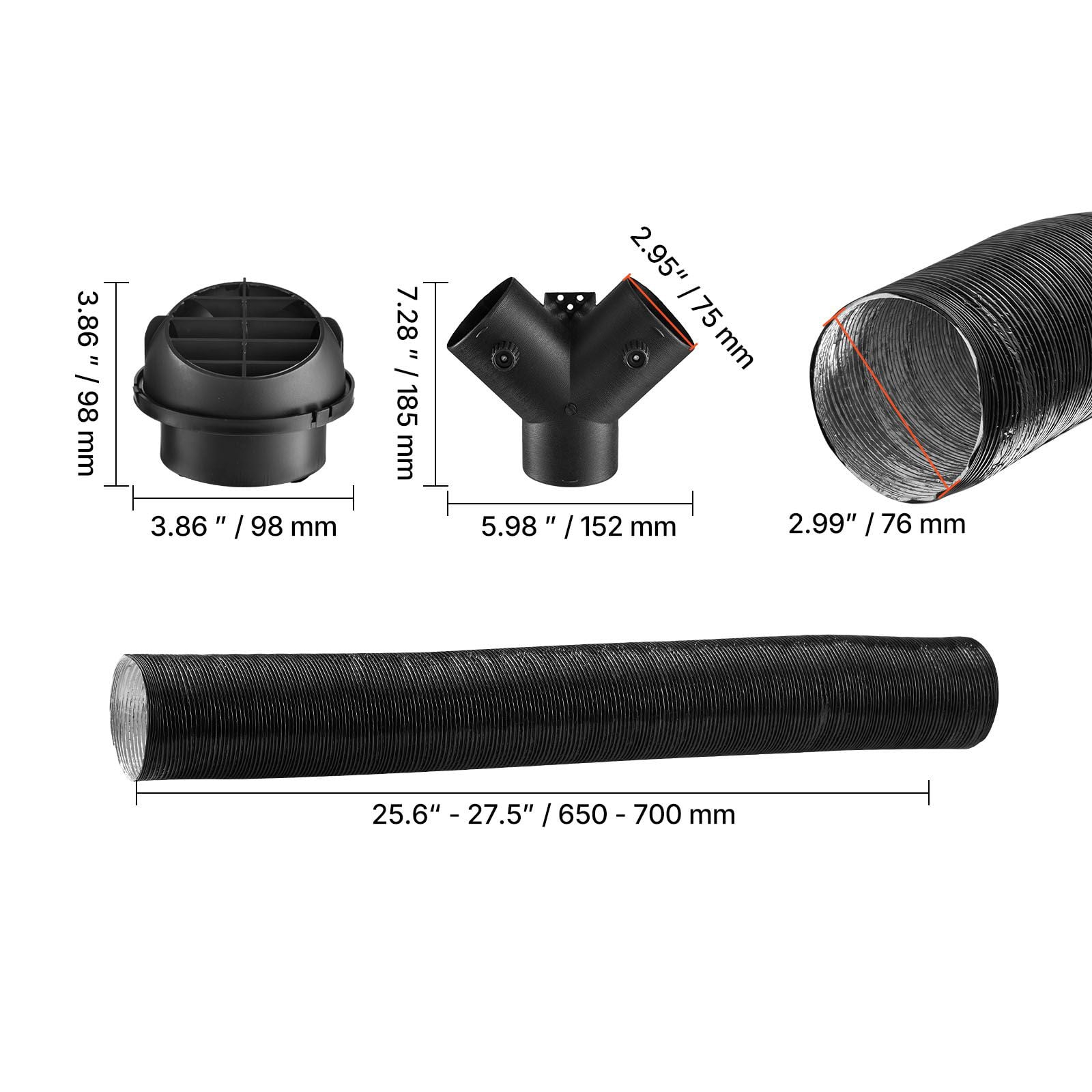 Complete Ducting Set with Y-Branch Connector, Hose Clips Air Pipes Flow Adapters Clamps, Full Ventilation Kit for Dryer Bathroom Fan Vent System