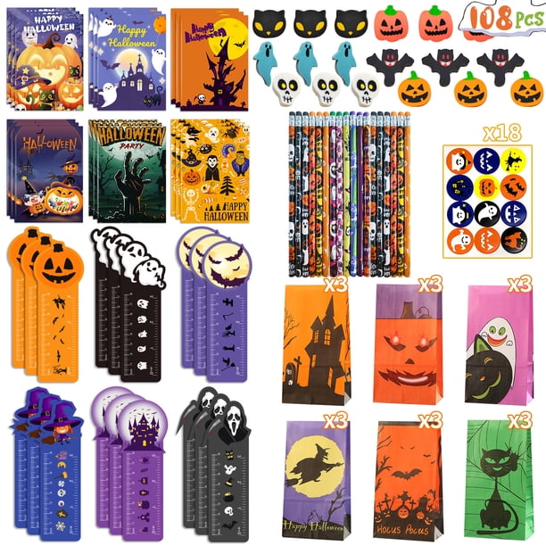 Papelería de Halloween, regalos de intercambio de aula para niños, regla de calabaza, juego de borrador de cuaderno con Calavera