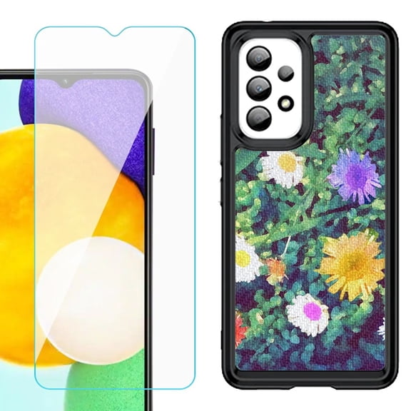 Shockproof Bumper (Black Frame) phone Case for Samsung Galaxy A23 5G, with Tempered Glass Screen Protector, by OneToughShield ® - Daisy Paint