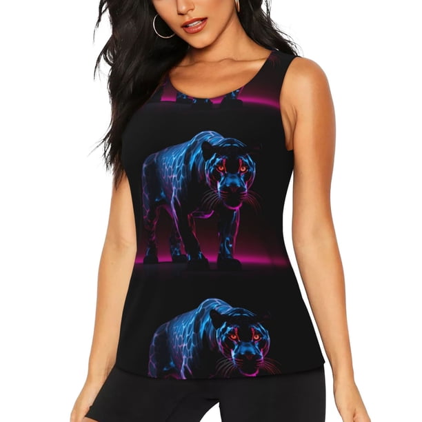 Balery Futuristic Purple Panther Camiseta sin mangas estampada ligera para mujer, tops de entrenamiento sin mangas, camisetas de yoga transpirables de secado rápido.-Large