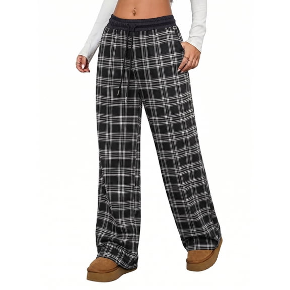 SHEWIN Womens Sweatpants Classic Plaid Straight Leg Trousers High Waist Baggy Workout Pants with Pockets
