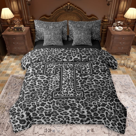 Erosebridal Teens Leopard Print Personalized Initial T Twin Bedding Sets 7-Piece,Black Grey Animal Print Bedding Comforter Set For Boys Girls,Black Reversible,Microfiber Bedroom Decor