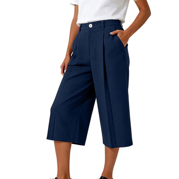 Cekizud Capri Pants for Women High Waist Wide Leg Culottes Pleated Front Cropped Pants with Pockets,Sizes S-2XL