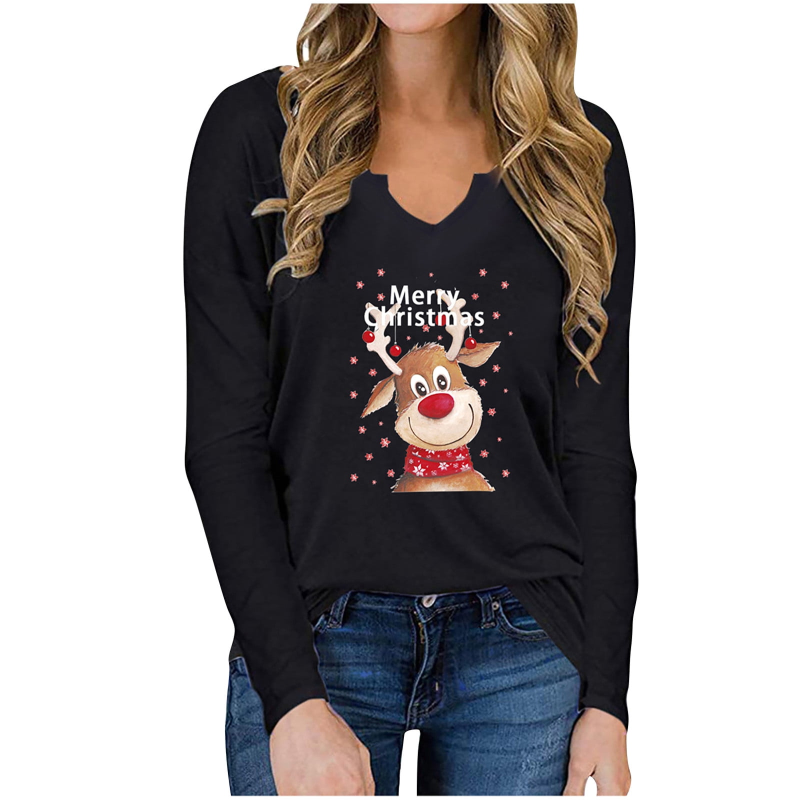V-neck Christmas Print Long Sleeve 