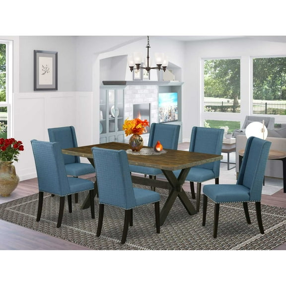 East West Furniture X677FL121-7 7-Piece Beautiful Dinette Set an Outstanding Distressed Jacobean Dining Table Top and 6 Awesome Linen Fabric Dining Chairs with Nail Heads and Stylish Chair Back, Wire