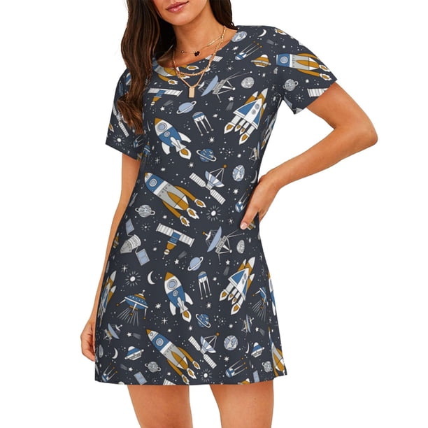 Balery Space Cars Camisón de manga corta con cuello redondo para mujer, cómodo y elegante.