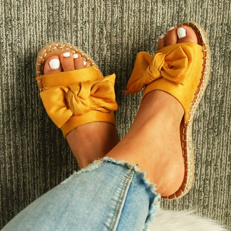 

Cathalem Womens Sandal Slides Slippers For Women Ladies Peep Toe Linen Sole Flat Sandals Bow Rome Shoes Sandal Yellow 37（6）
