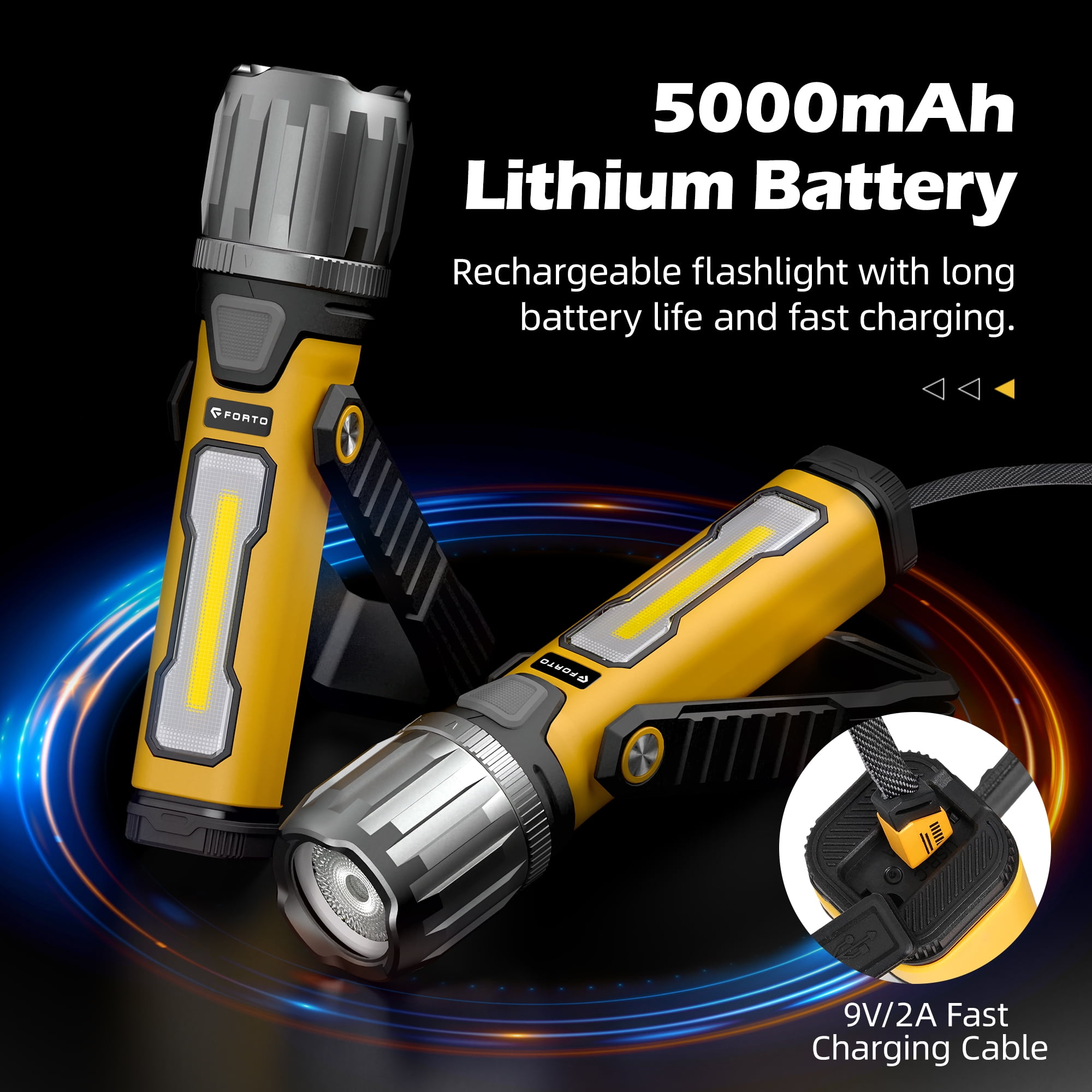 FORTO Magnetic LED Work Light, 2000 Lumens Rechargeable Flashlight, IPX8 Waterproof, 5 Modes, for Auto Repair, Garage, Workshop, Roadside Emergency