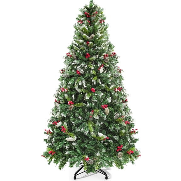 Uforic 7.5ft Pre-Lit Artificial Christmas Tree with 82 Pine Cones and 82 Red Berries,Hinged Christmas Tree with 1398 Branch Tips and 550 Lights, for Home, Office, and Party Decor