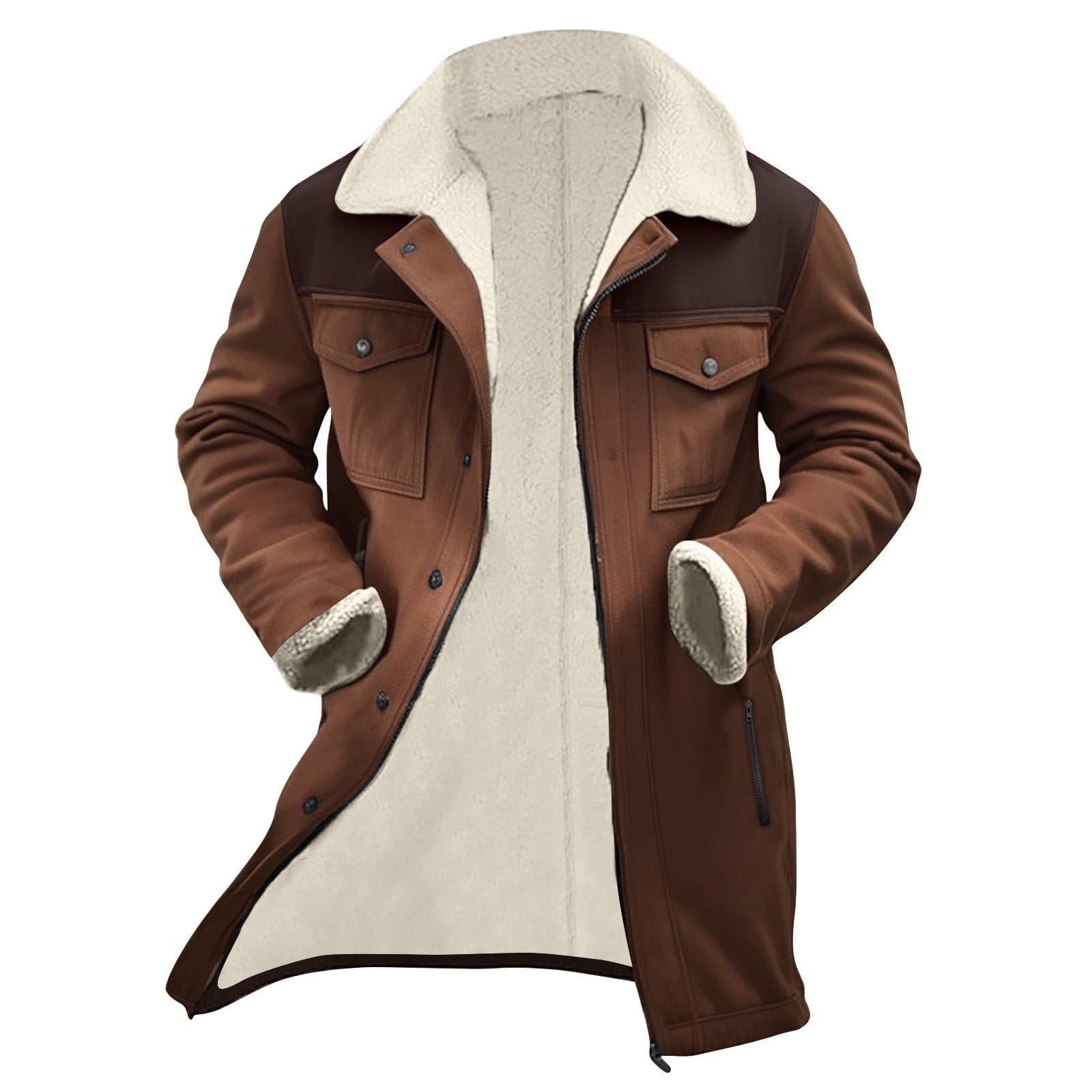 AnuYalue Mens Suede Jacket Fleece Lined Vintage Plush Western Hunting Coat Winter Fleece Long Jackets Distressed Faux Leather Motorcycle Jackets
