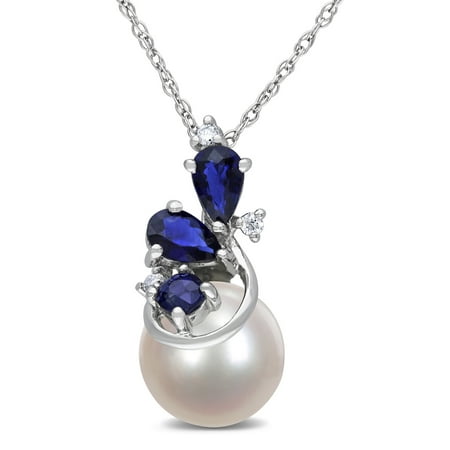 Miabella Women's 8.5-9mm Cultured Freshwater Pearl 5/8 Carat T.G.W. Pear-Shaped and Round-Cut Sapphire and Round-Cut Diamond Accent 10kt White Gold Drop Pendant with Chain