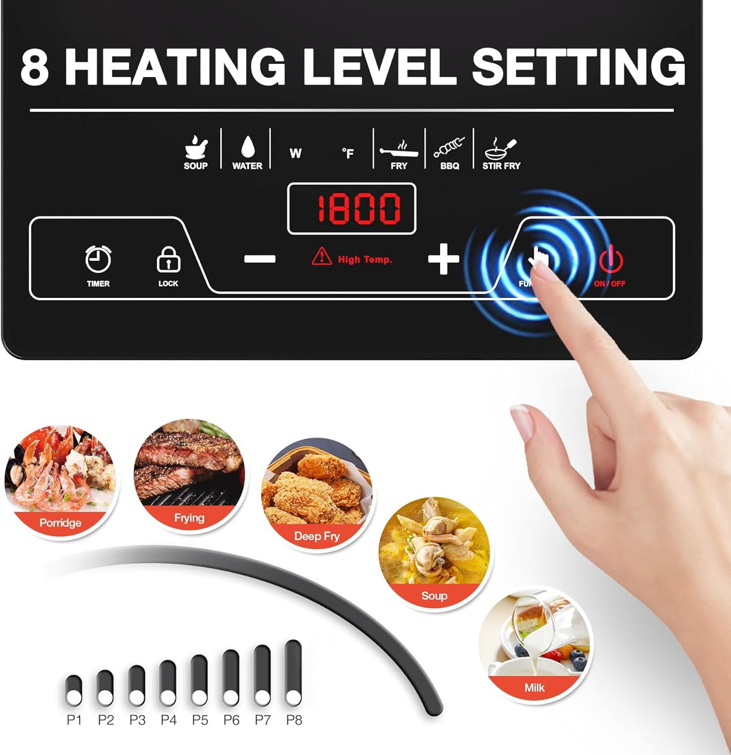 Single Burner Electric Cooktop 1800W Portable Stove Top with LED Touch Control, 8 Power Levels, Timer & Child Lock, Black Crystal Surface for Kitchen Dorm Office Camping