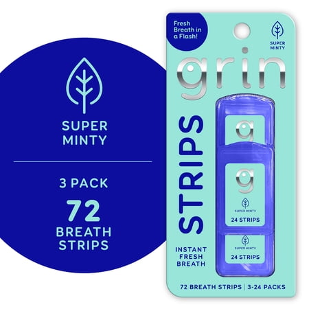 Grin Strips Breath Strips  Super Minty  Instant Fresh Breath  Dissolves Instantly on Your Tongue  Sugar-free and Calorie-free  No Artificial Colors  72 Breath Strips (3-24 Packs)  Pocket-Sized Pack