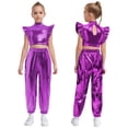 thumbnail image 5 of Haitryli Kids Girls Sparkly Metallic Hip-Hop Jazz Dance Outfit Mesh Patchwork Crop Top and Cargo Pants Set Purple 12, 5 of 6