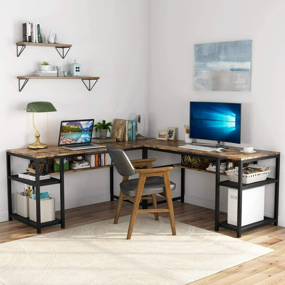 Simple L Shaped Desk With Bookcase for Large Space