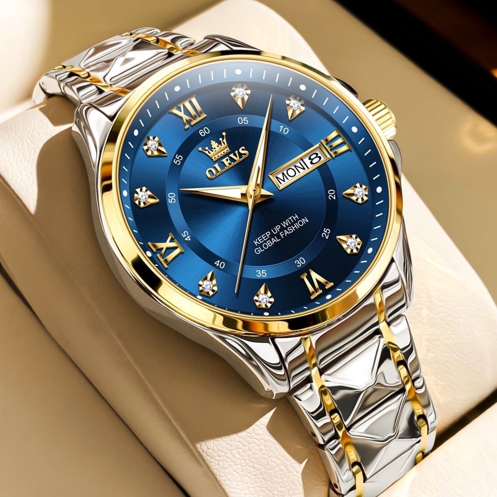 OLEVS Watches for Men Business Dress Diamond Analog Quartz Date Luxury Classic Casual Stainless Steel Waterproof Luminous Mens Wrist Watches Gifts Reloj para Hombre Blue/Black Dial