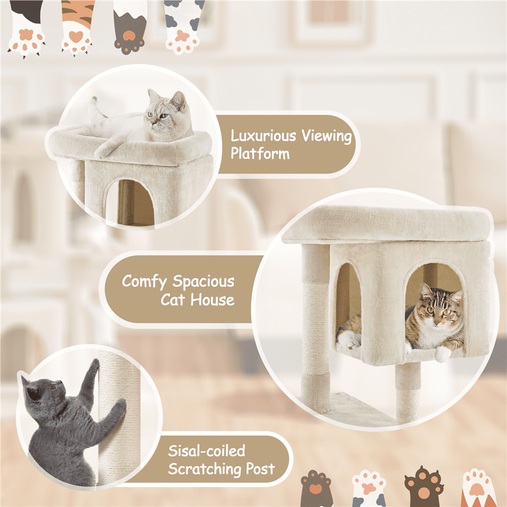 Alden Design 33.5"H Multilevel Plush Cat Tree with Scratching Posts Basket, Beige
