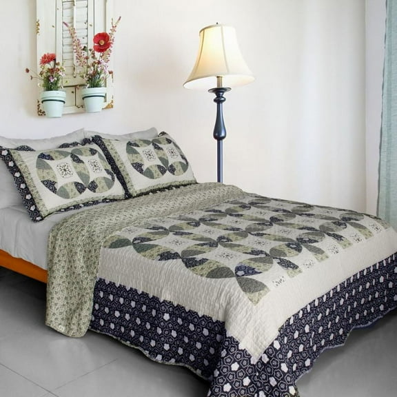 [Francesca] Cotton 3PC Vermicelli-Quilted Patchwork Quilt Set (Full/Queen Size)