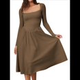 thumbnail image 2 of Vestido Midi Informal de Larga con Cuello Cuadrado para Mujer, Moda de y Otoño Marrón L, 2 of 10