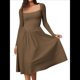 thumbnail image 2 of Vestido Midi Informal de Larga con Cuello Cuadrado para Mujer, Moda de y Otoño Marrón XL, 2 of 10