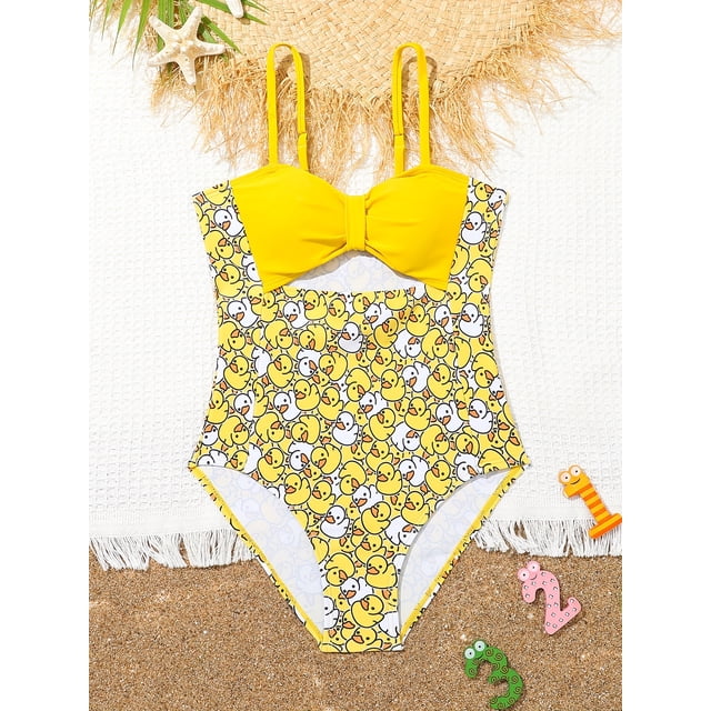 Cute Girls Cartoon Duck Graphic Bow Decor Swimwear Bathing Suit For Summer